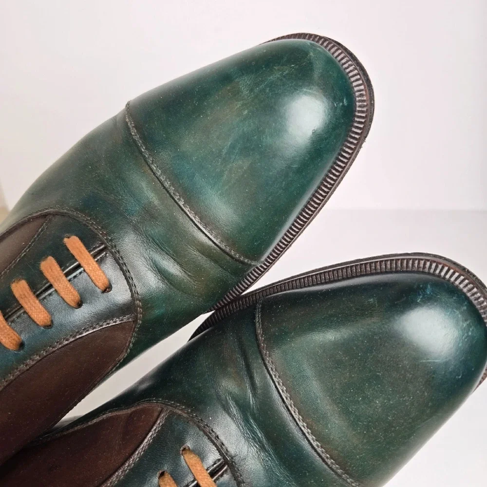 Barney's New York Men's Sz 7 Cap-Toe Oxford Green Luxury Leather Cap Dress Shoes